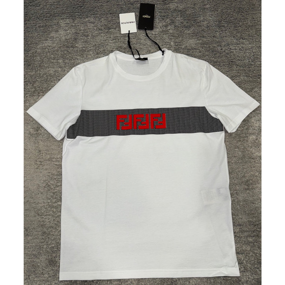 Fendi White Black Mesh Stripe Red FF Logo Short Sleeve Cotton T-Shirt Medium M - Picture 4 of 16